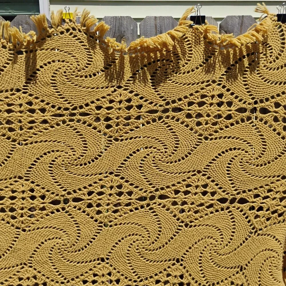 Vintage Mustard Yellow Crochet Afghan Blanket Pinwheel Starburst Fringe 112x65